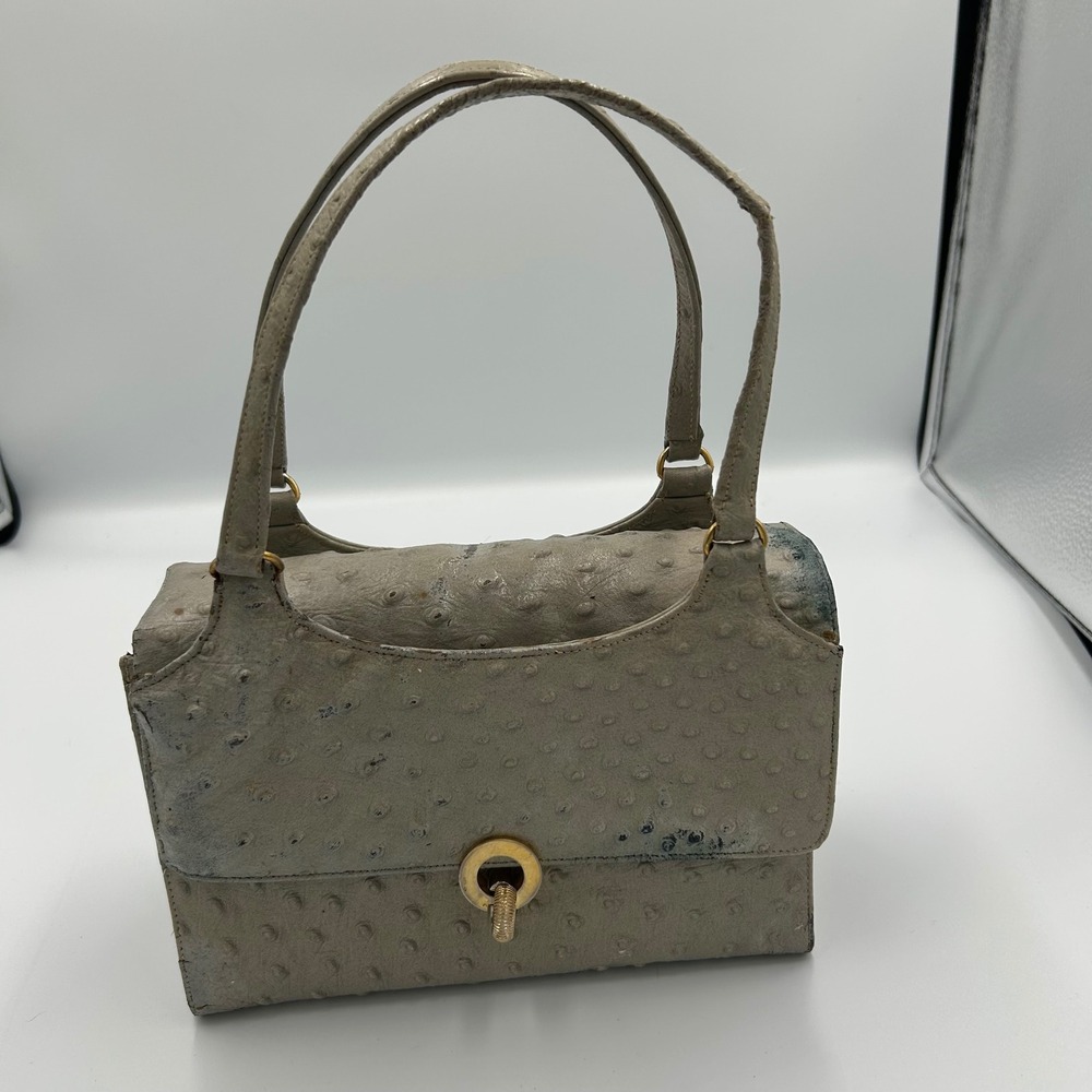 Bienen-Davis Handbag Womens Medium Gray Vintage Ostrich Leather Top Handle Bag